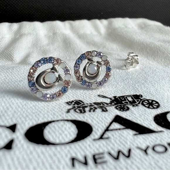 NEW COACH Signature Multicolor Crystal Stud Earrings In Silver / Blue - Picture 9 of 11